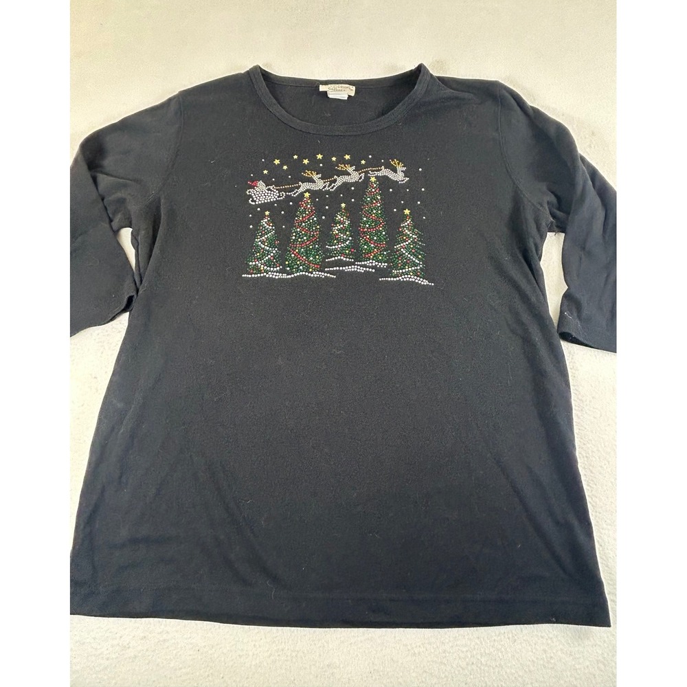 Isaac's Designs T-Shirt Women XL Black Christmas Holiday Rhinestone Festive